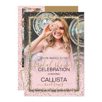 glam pink gold confetti border photo bridal shower invitation