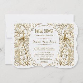 glam white gold art deco peacocks bridal shower invitation