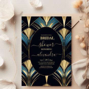 glamorous blue and gold art deco bridal invitation