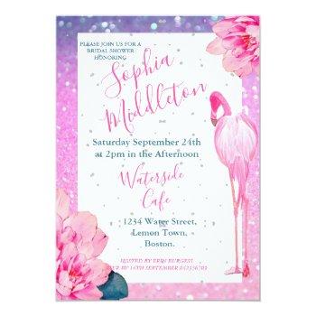Glitter Bridal Shower Flamingo Floral Chic Invitation Front View