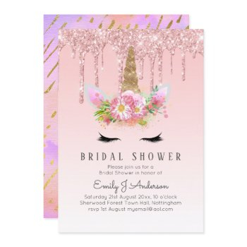 glitter unicorn bridal shower pink gold dripping invitation