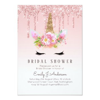 Glitter Unicorn Bridal Shower Pink Gold Dripping Invitation Front View