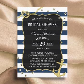 gold anchor nautical navy stripes bridal shower invitation
