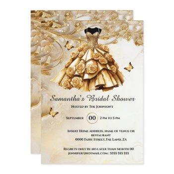 gold ballgown rose flowers bride to be bridal  invitation