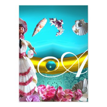 Gold Blue Aquamarine Damask Beach Wedding Monogram Invitation Front View