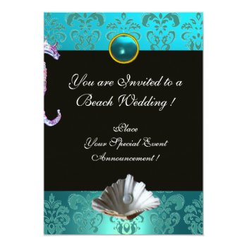 Gold Blue Aquamarine Damask Beach Wedding Monogram Invitation Front View