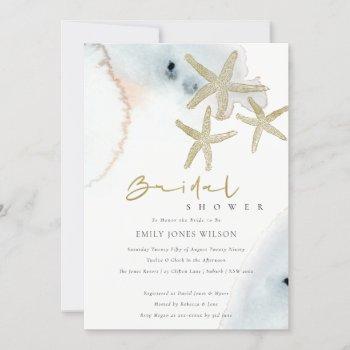 gold blue beachy starfish bridal shower invite
