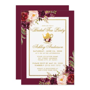 gold bridal shower tea party burgundy invite b