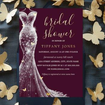 Gold Burgundy Butterfly Dress Bridal Shower  Foil Invitation Front View