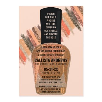 gold coral glitter nail polish spa bridal shower invitation