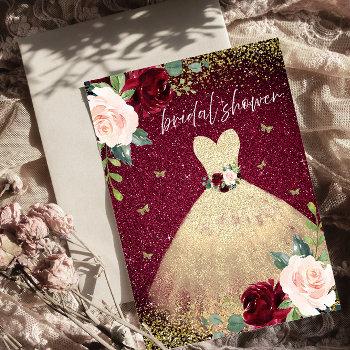 gold dress burgundy red floral bridal shower invitation