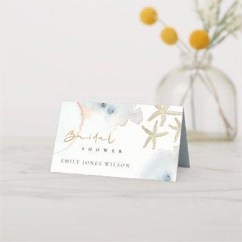 gold dusky blue beachy starfish bridal shower place card