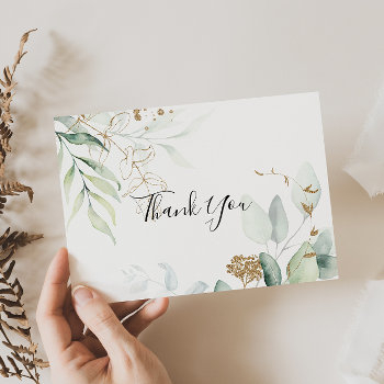 gold eucalyptus calligraphy flat wedding  thank you card