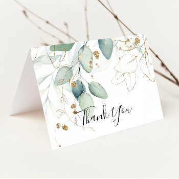 gold eucalyptus calligraphy folded wedding  thank you card
