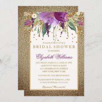 gold floral sparkling amethyst bridal shower invitation