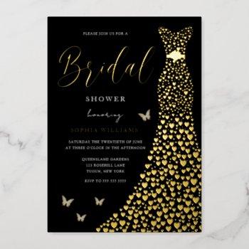 gold foil heart gown with black bridal shower  foil invitation