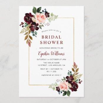 gold frame burgundy blush floral bridal shower invitation
