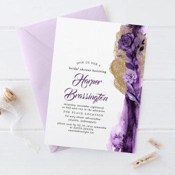 gold glitter and plum purple floral bridal shower invitation