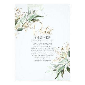 Gold Leaves Greenery Romantic Cute Bridal Shower Invitation Front View