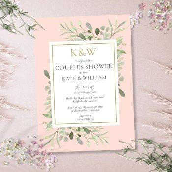 gold monogram greenery blush pink couples shower invitation