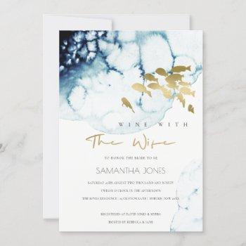 gold navy fish wine with wife bridal shower invite