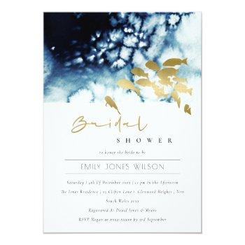 Gold Navy Underwater Sea Fish Bridal Shower Invite Front View
