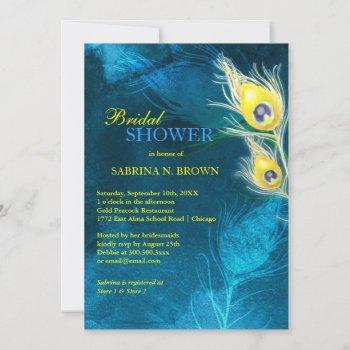 gold peacock feathers blue bridal shower invitation