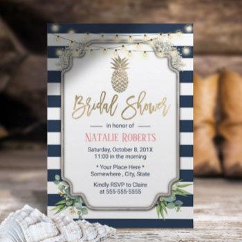 gold pineapple navy blue stripes bridal shower invitation