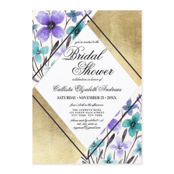 gold purple teal flower watercolor bridal shower invitation