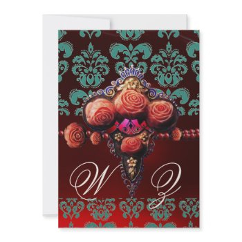gold red coral roses,blue black damask monogram invitation