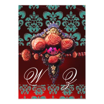 Gold Red Coral Roses,blue Black Damask Monogram Invitation Front View