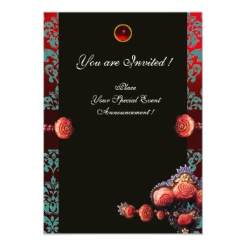 Gold Red Coral Roses,blue Black Damask Monogram Invitation Front View