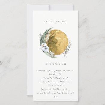 gold saga green floral wreath bridal shower invite