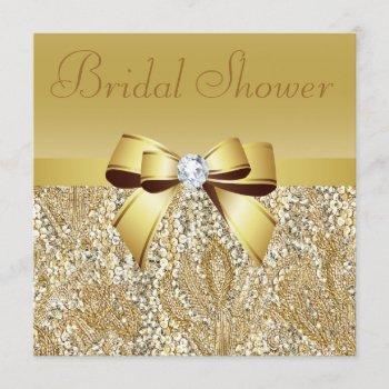 gold sequins, bow & diamond bridal shower invitation