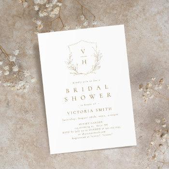 gold simple botanical crest monogram bridal shower invitation