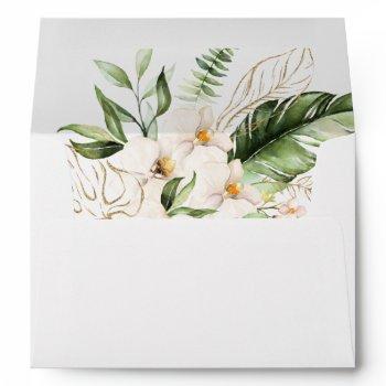 gold tropical foliage floral wedding invitation  envelope