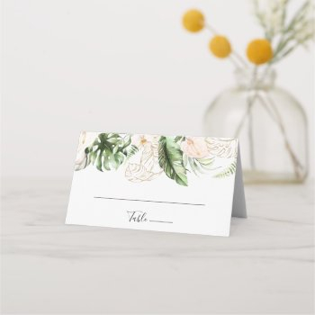gold tropical foliage floral wedding place card