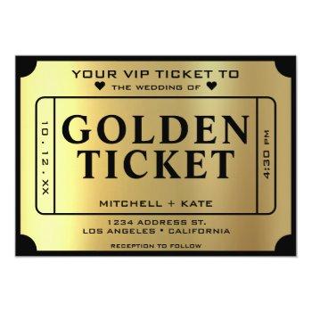 Golden Ticket Black & Gold Wedding Invitation Front View