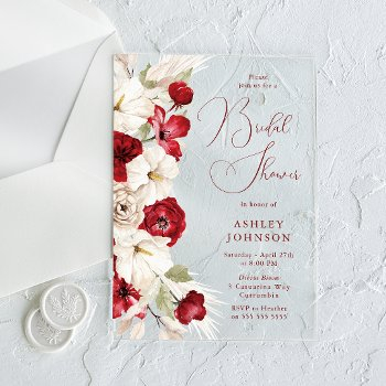 gorgeous script red & white floral bridal shower acrylic invitations