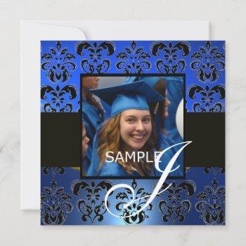 graduation damask  monogram , blue white black invitation