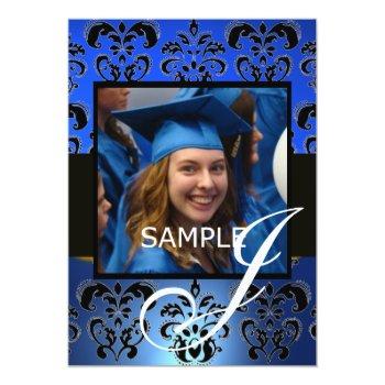 Graduation Damask  Monogram , Blue White Black Invitation Front View