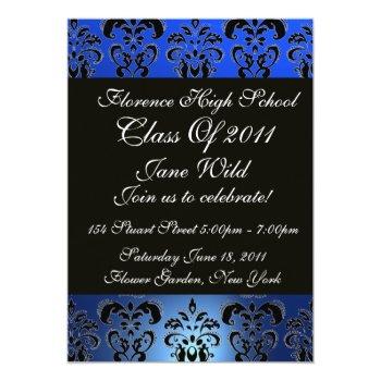 Graduation Damask  Monogram , Blue White Black Invitation Front View