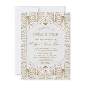 great gatsby art deco gold white bridal shower invitation