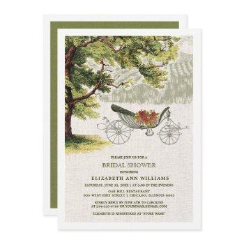 green beige vintage oak tree burlap bridal shower invitation