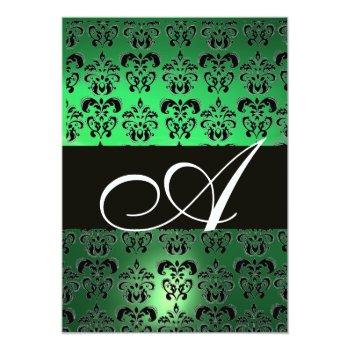 Green Black White Damask Monogram Invitation Front View