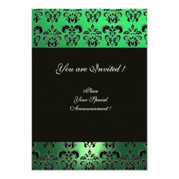 Green Black White Damask Monogram Invitation Front View