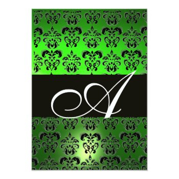 Green Black White Damask Monogram Invitation Front View