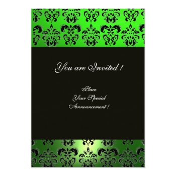 Green Black White Damask Monogram Invitation Front View