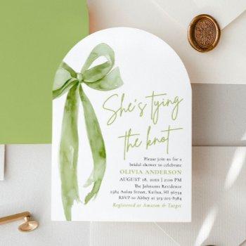 green bow she's tying the knot arch bridal shower invitation