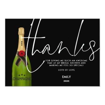 Green Champagne Bottle Script Black Bridal Shower Thank You Card Front View